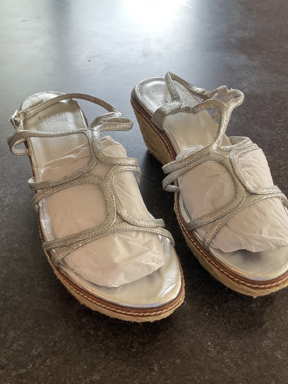 Stuart Weitzman silver sparkle wedge/platform